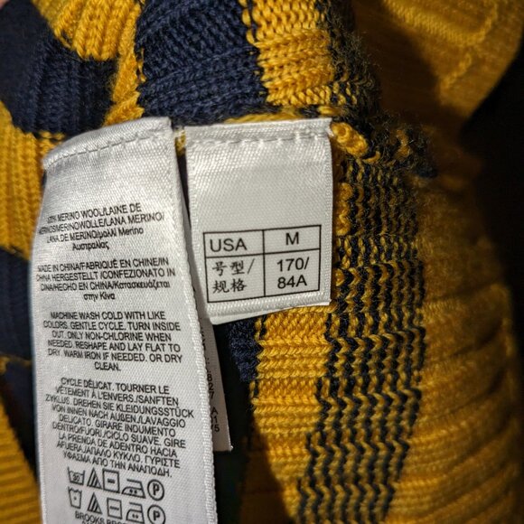 Brooks Brothers Women's Medium 100% Merino Wool Striped Sweater Gold Blue Crew - Picture 8 of 9